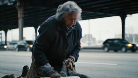 a woman bends down to assist a homeless man lying on the sidewalk in a busy urban area. cars pass by as she shows compassion and kindness on a cold winter day.