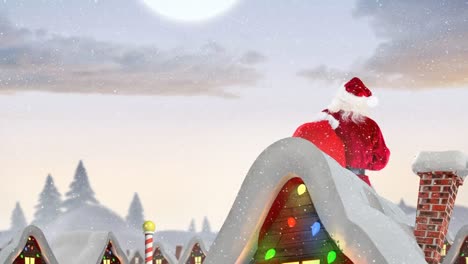 snow falling over rear view of santa claus and multiple houses and trees on winter landscape