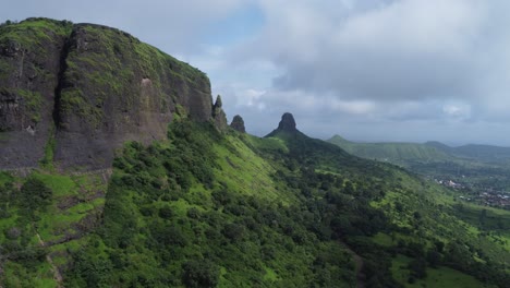 aerial view of popular and historical tourist attraction anjaneri fort during monsoon in trimbakeshwar, nashik, maharashtra, india