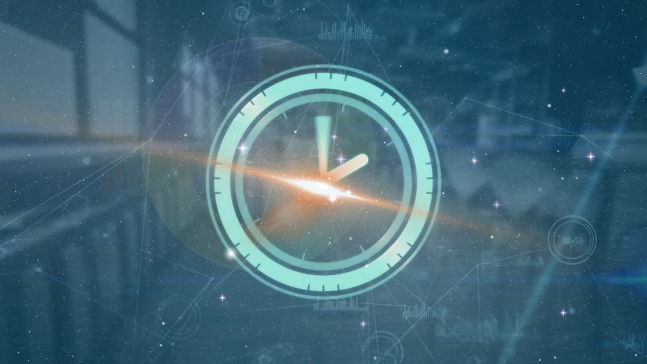 움직이는 시계의 애니메이션과 빈 사무실에서 데이터 처리를 하는 연결 네트워크