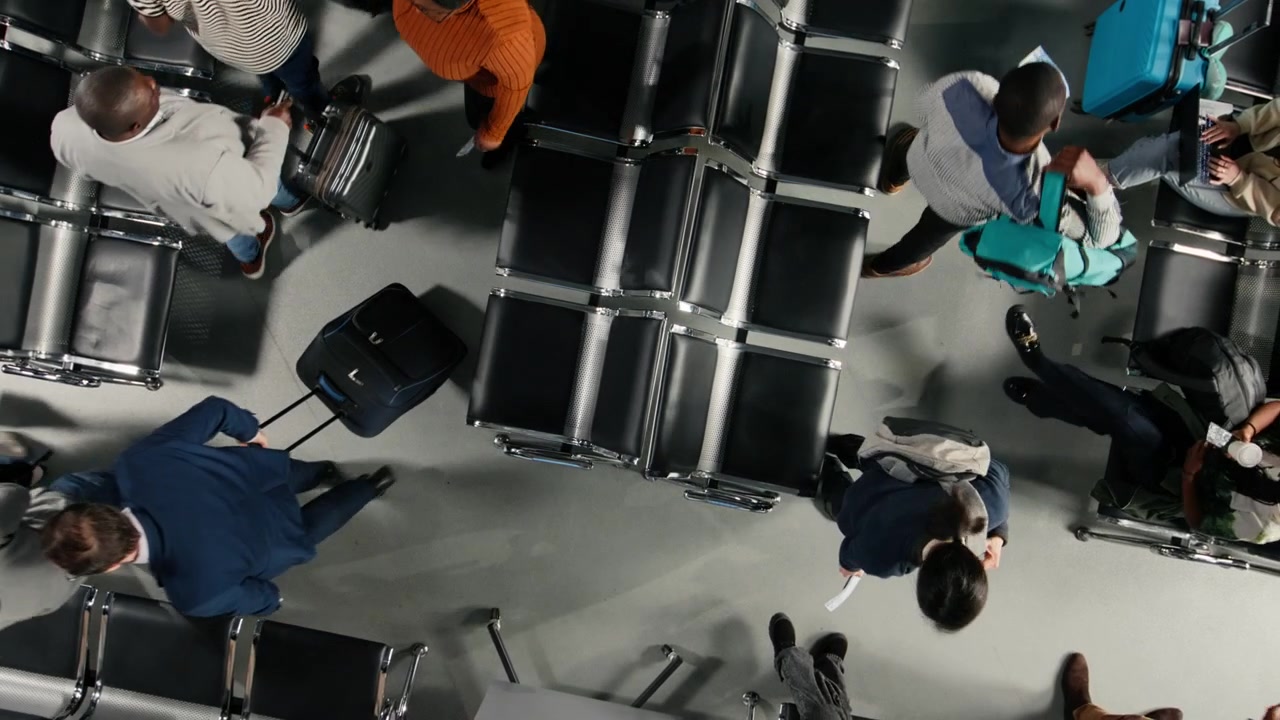 Boarding flight, top down view and tourists in airport lounge