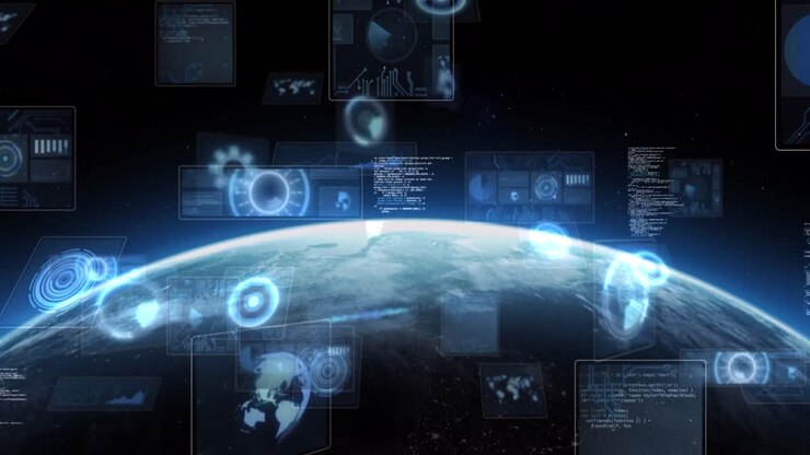 Animation of scopes scanning and data processing on screens over globe with glowing horizon