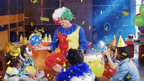 animación de confeti cayendo sobre el payaso y los niños divirtiéndose en la fiesta