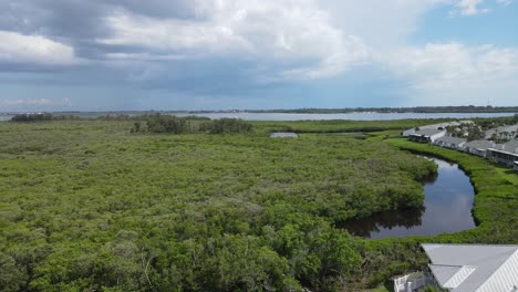 Antena-De-Una-Comunidad-De-Alto-Nivel-En-Bradenton,-Florida,-Directamente-Cerca-De-Un-Manglar-Y-El-Golfo-De-México