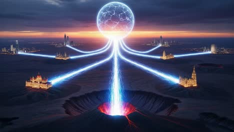 a surreal landscape of energy: rafting through majestic cities connected by lightning strikes and emerging from volcanic craters at dusk