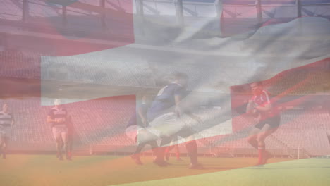 animación de la bandera de suiza sobre un equipo de diversos jugadores de rugby masculinos jugando rugby en un campo deportivo