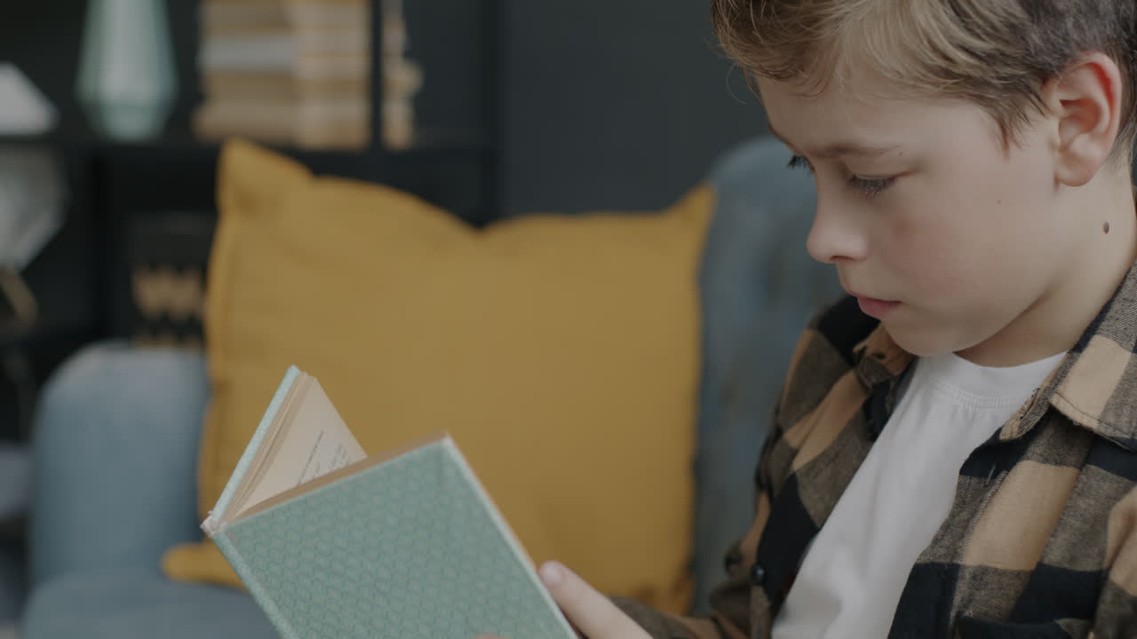 Boy Reading a Book on a Couch