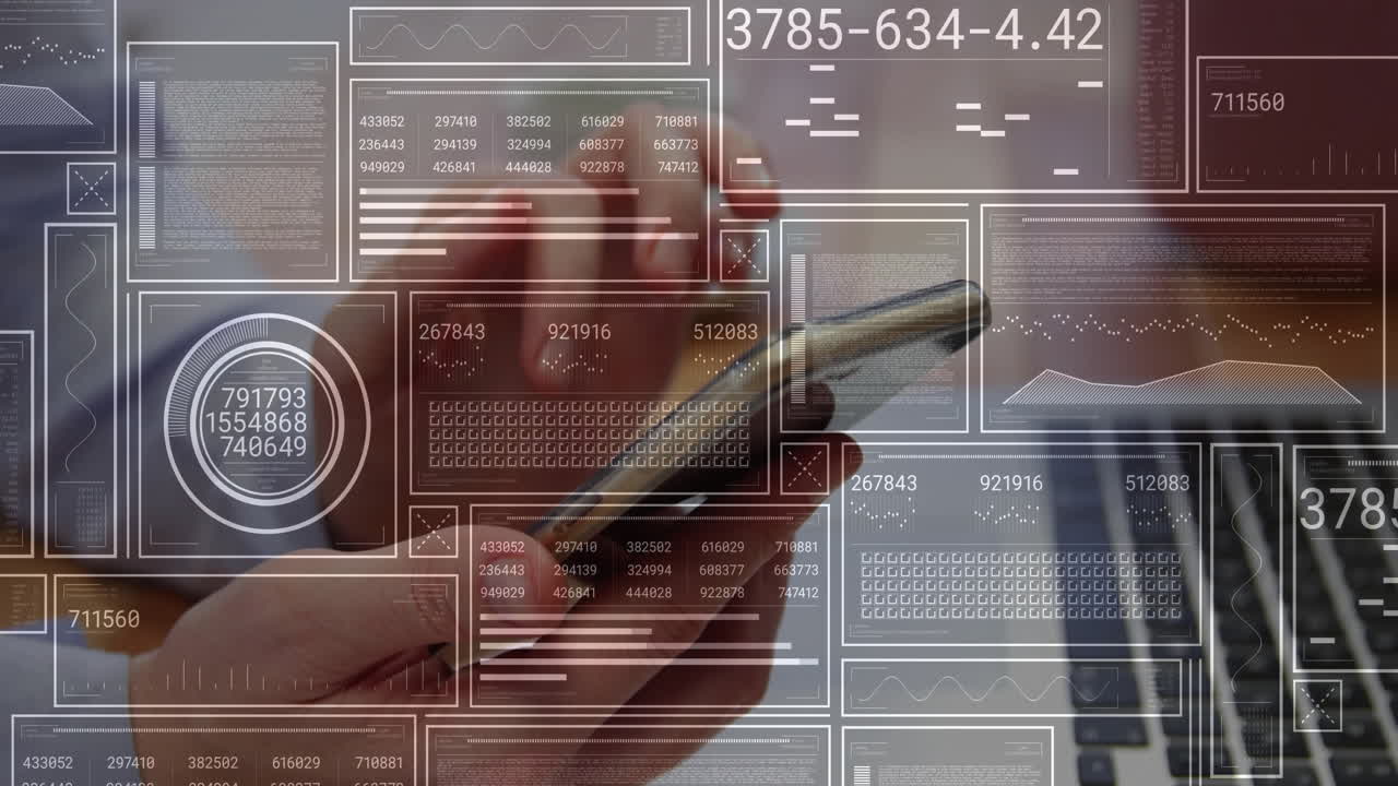 Business data being visualized on smartphone above laptop, showing charts and code in flat design