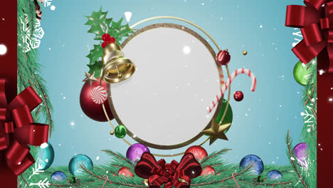 animación de nieve cayendo y decoraciones de navidad sobre el círculo con espacio de copia en fondo azul