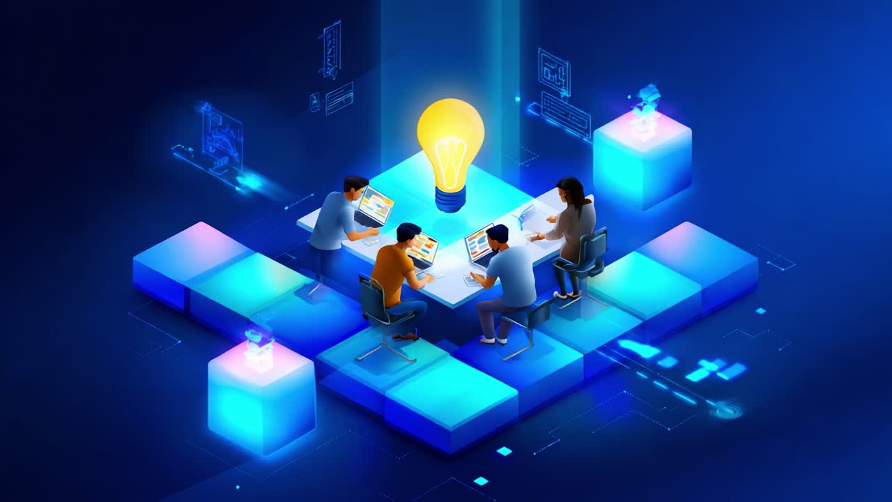 A Collaborative Innovation Environment: Teams Engaging in Creative Problem Solving Under a Bright Light Bulb, Representing Ideas and Technological Advancement in a Digital Workspace