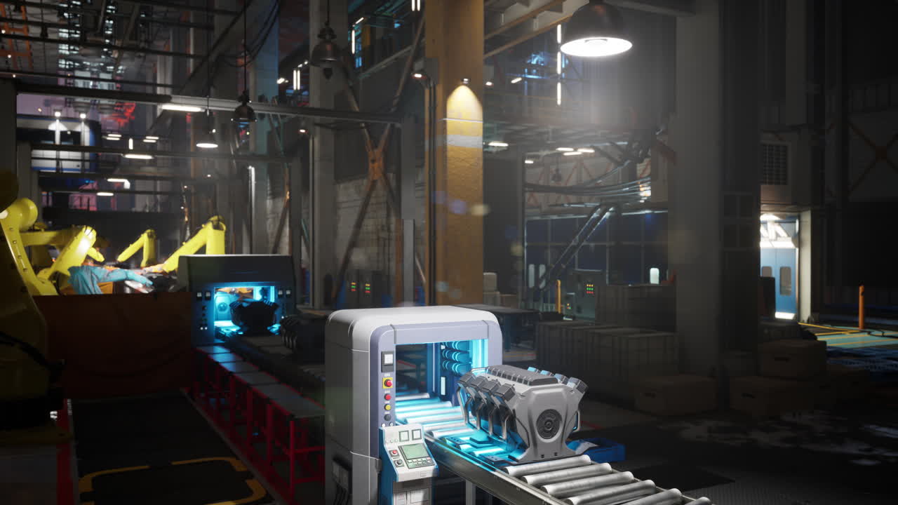 Advanced conveyor belt system transporting components in a busy factory setting