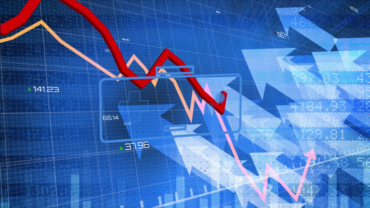Animation of red line, statistics and financial data processing over grid