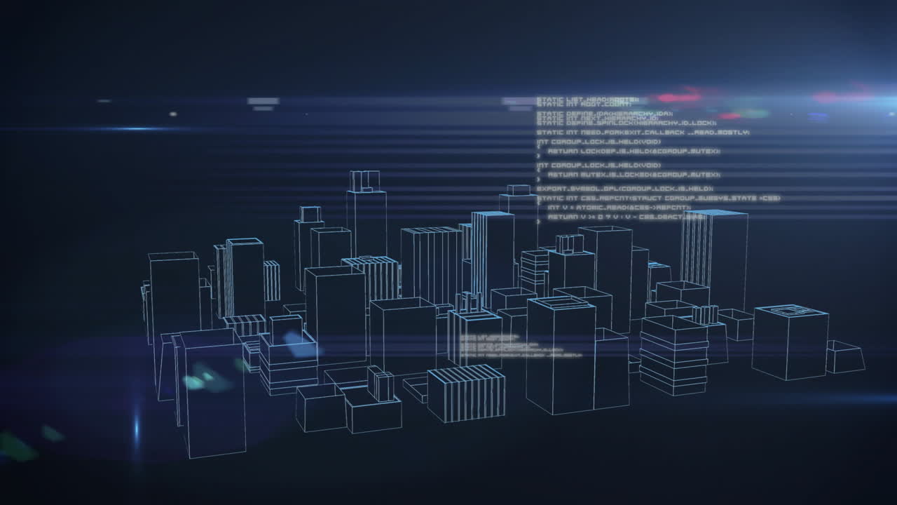 Wireframe city model spinning over grid floor, with floating code snippets and lens flares