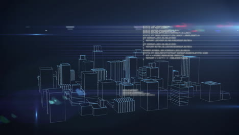 wireframe city model spinning over grid floor, with floating code snippets and lens flares