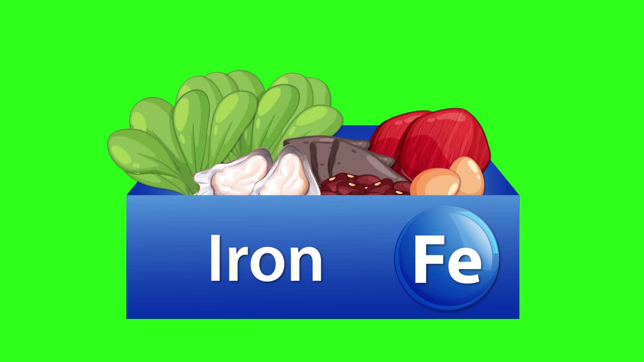 Blue iron supplement box fills with leafy greens, meat, nuts on bright green background