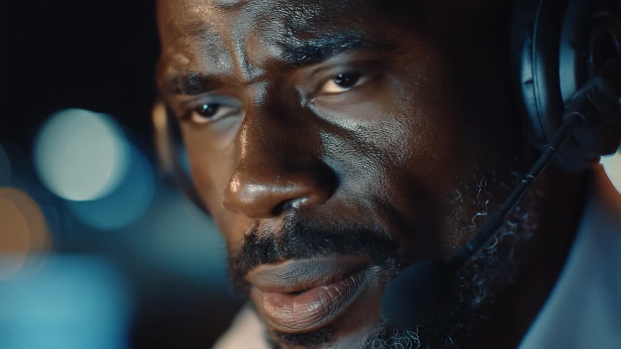 Close-Up of a Focused Individual in a Headset Engaged in Serious Interaction, Highlighting Emotion and Intensity in a Dimly Lit Environment at Night
