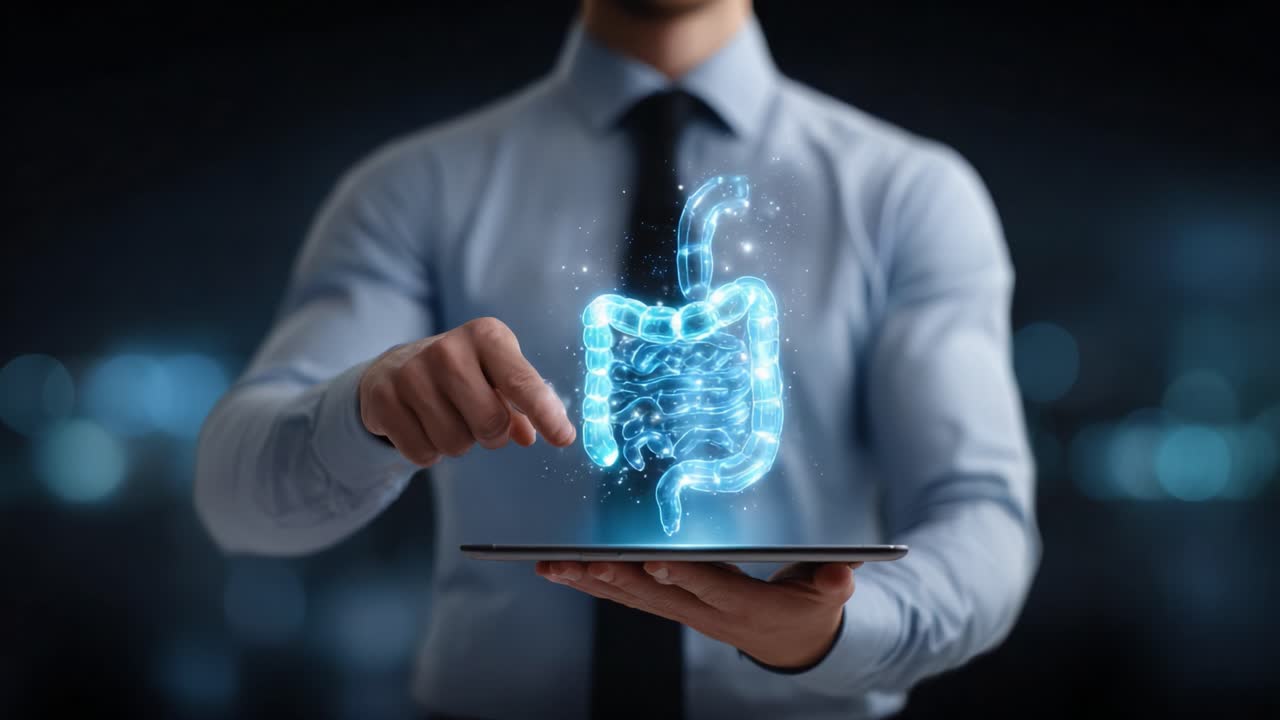 A Professional Demonstrates Advanced Digital Visualization of the Human Digestive System Using Interactive Technology in a Modern Healthcare Setting