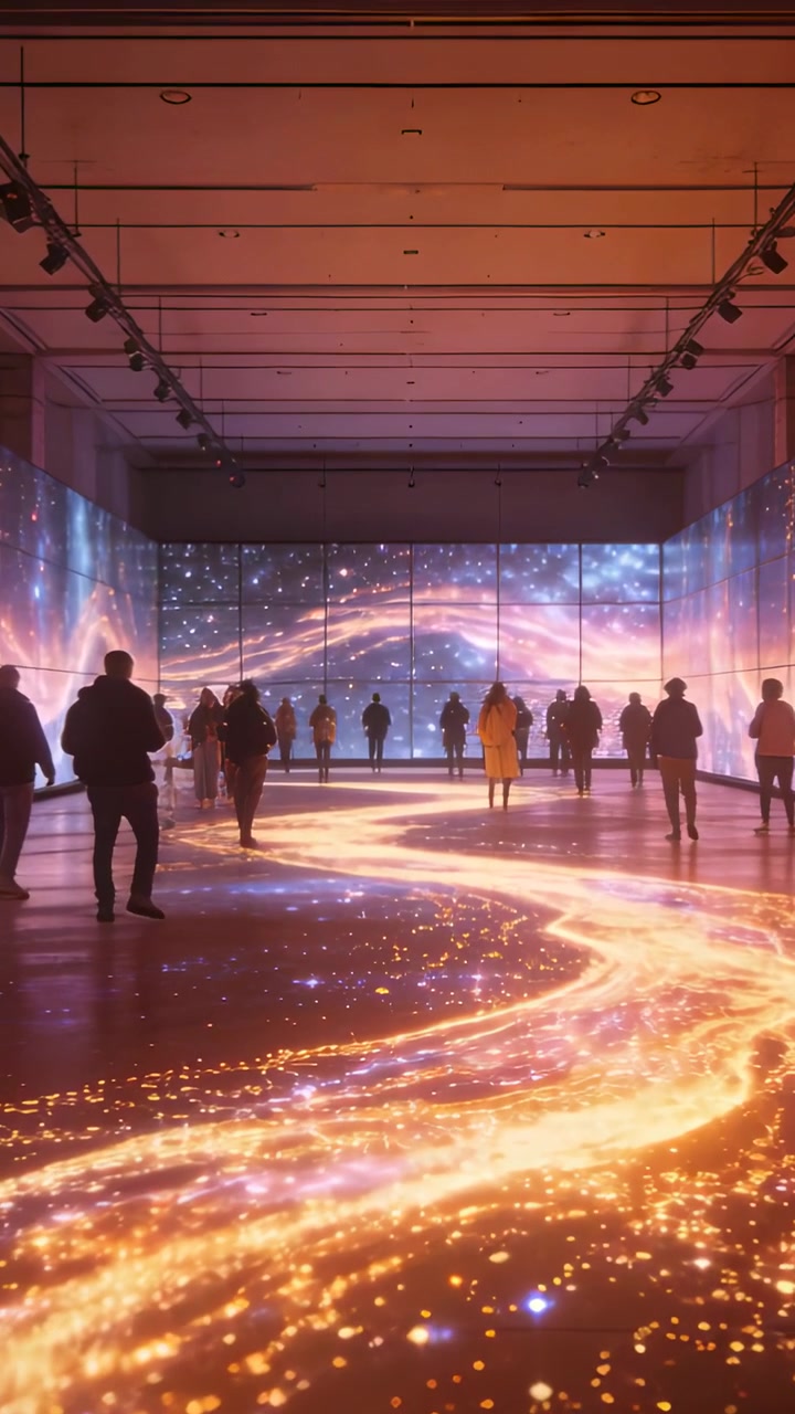 Video vertical: Panorámica que revela una luz dorada guiando a la multitud en un pasillo hacia una pantalla para ver arte, abrigo amarillo