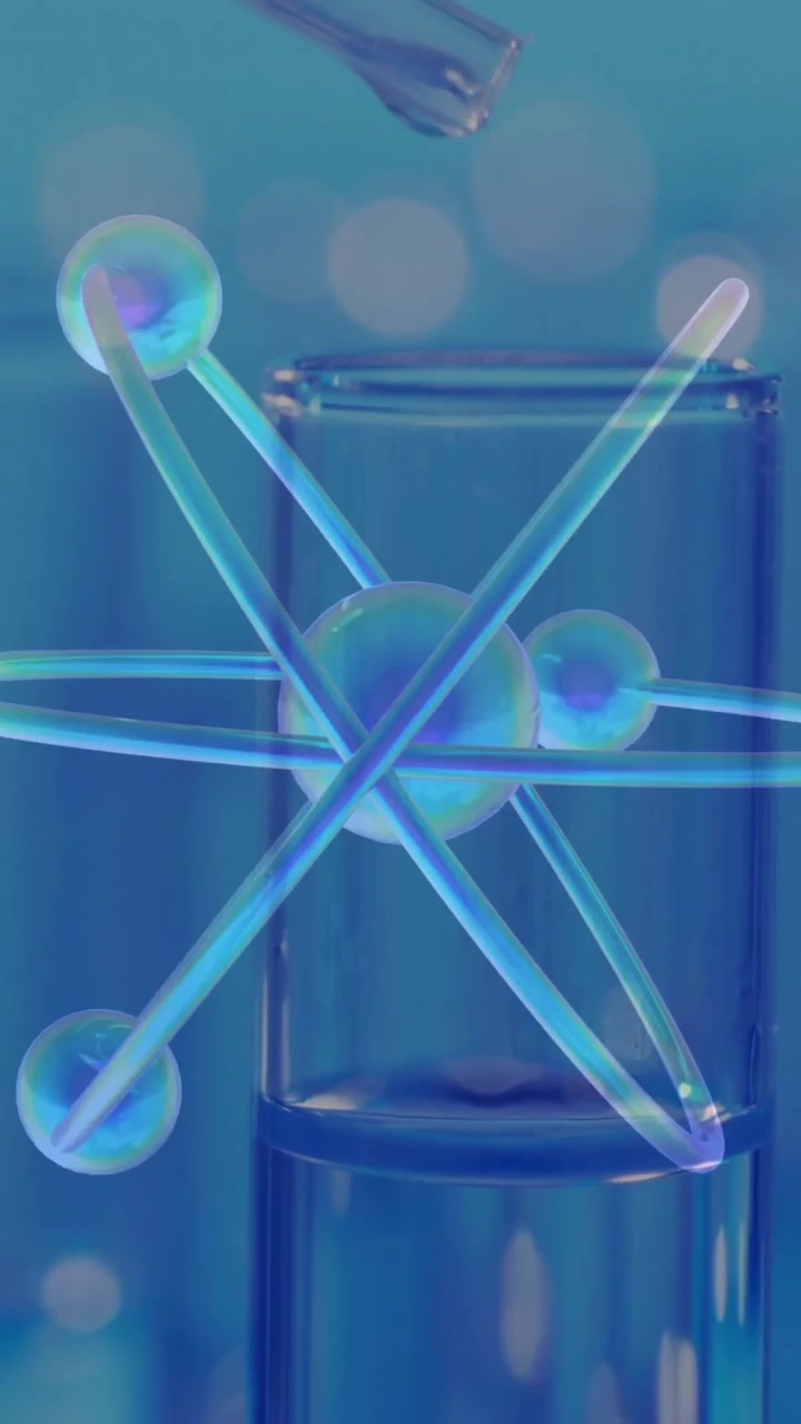 Animazione di atomi su piastre da laboratorio su sfondo blu