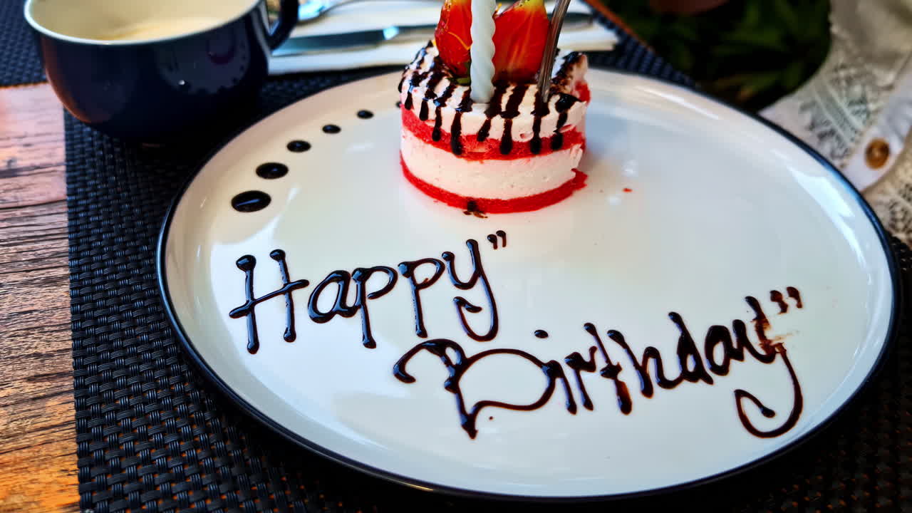 White plate with a birthday dessert and "Happy Birthday" written in chocolate