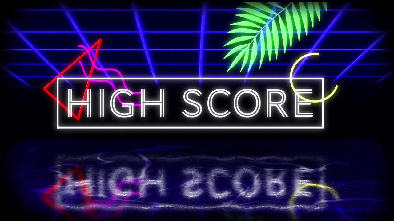 Schermata animata di videogioco vintage con la scritta tremolante 'High Score'.