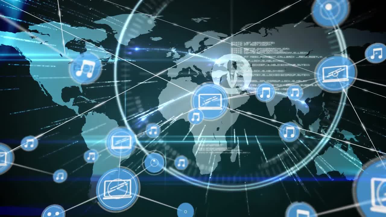 세계 지도 위에 아이콘으로 연결된 네트워크의 애니메이션