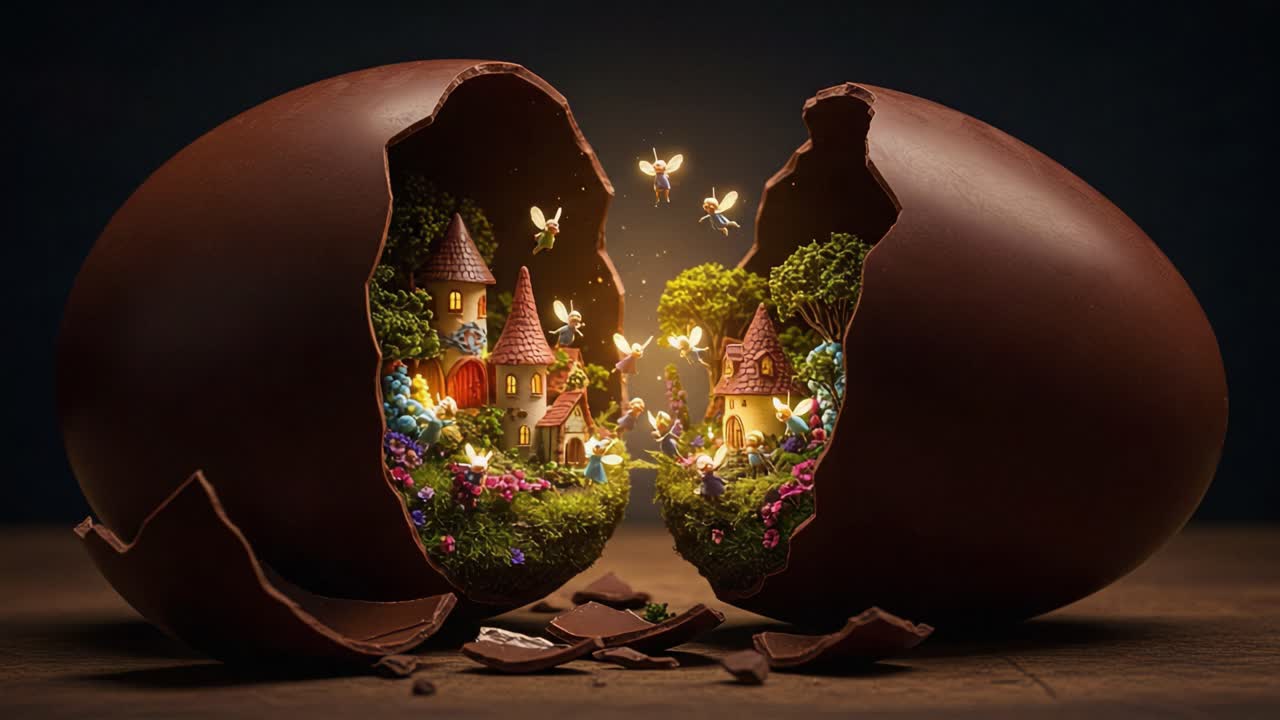 A Magical Fantasy World Revealed Within a Cracked Chocolate Egg, Showcasing Enchanting Houses, Vibrant Flora, and Playful Fairies in a Whimsical Scene