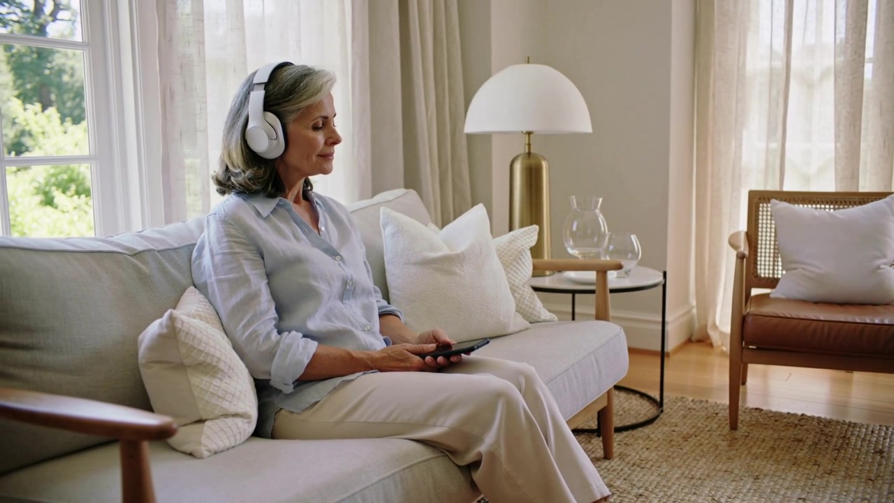 Music starting in headphones relaxing woman closing eyes on sofa in living room, remote, copy space