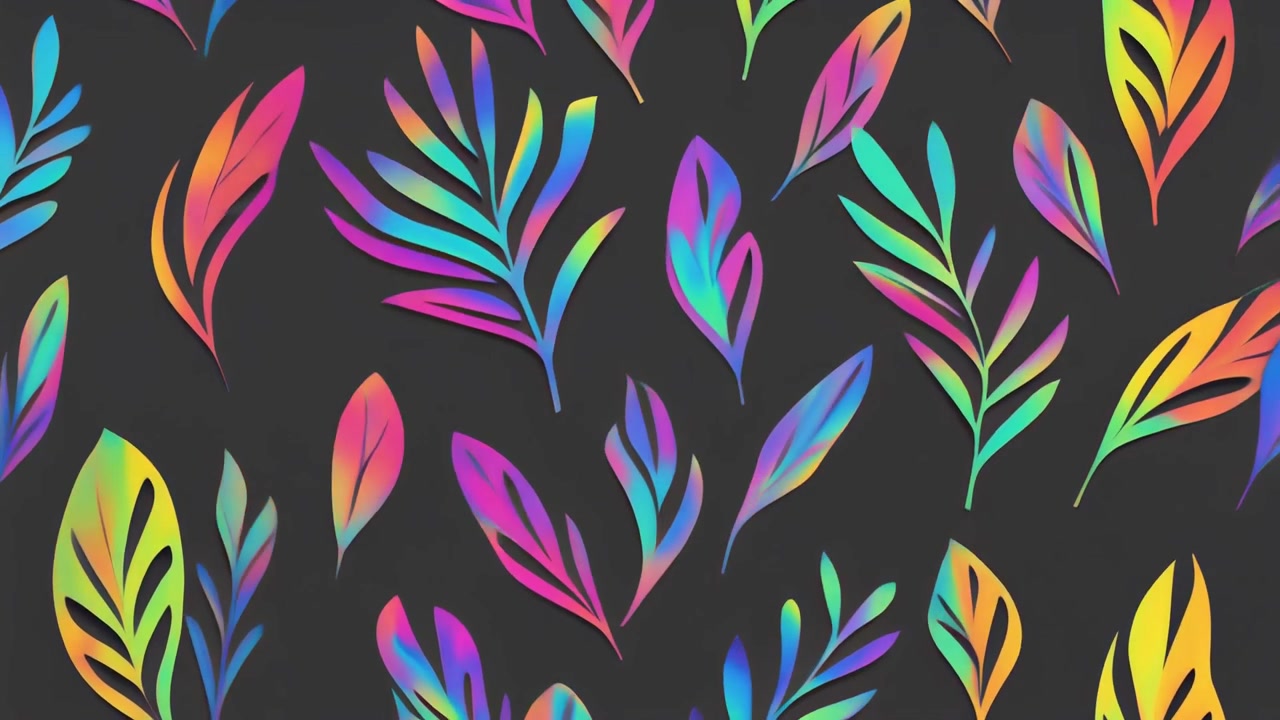 Abstract Pattern of Colorful Holographic Leaves on Dark Background