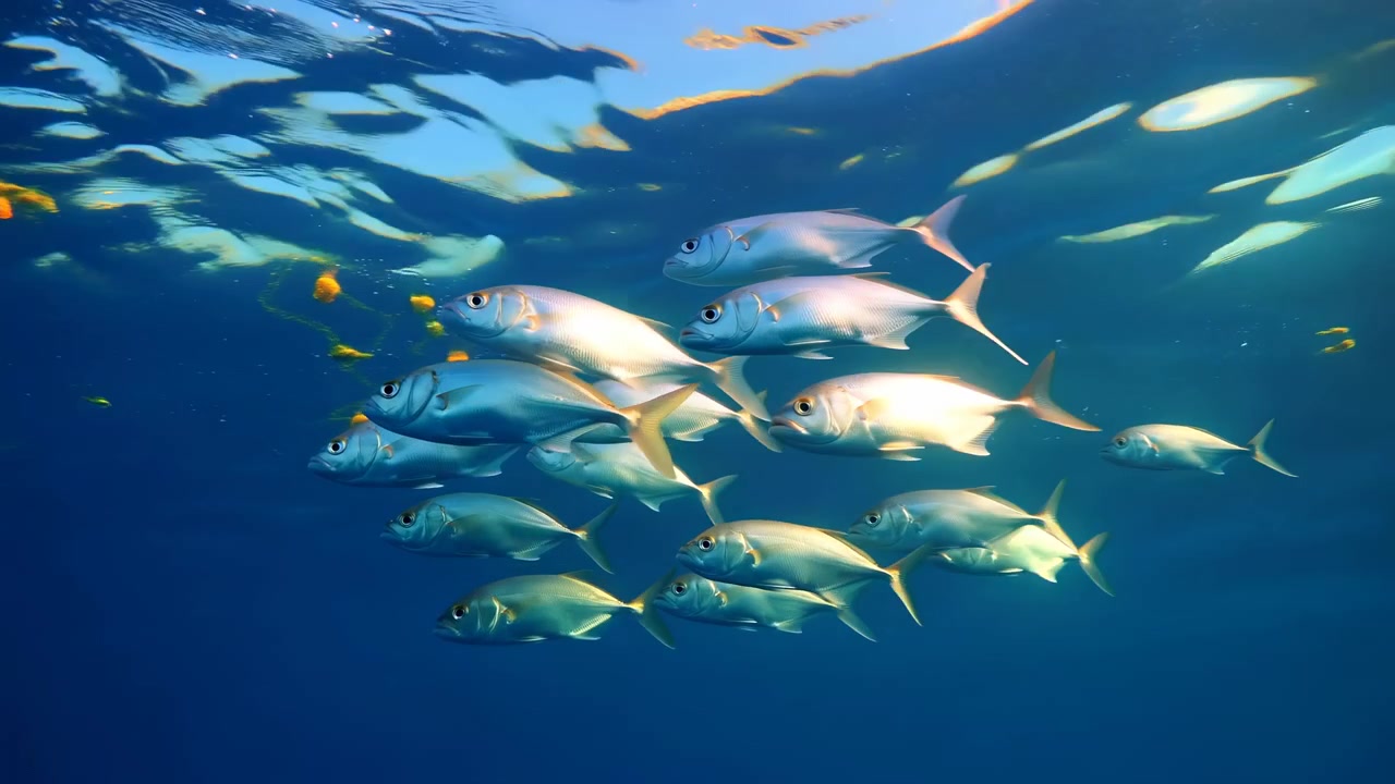 Un banco di pesci argentei di medie dimensioni raggruppato sotto la luce solare increspata sulla superficie dell'oceano, diversi corpi angolati verso l'alto in una delicata riorganizzazione e un tranquillo raggruppamento all'interno dell'acqua blu limpida