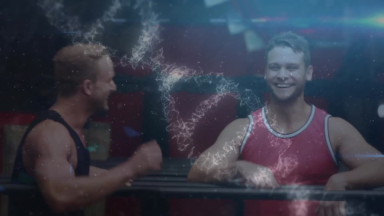 animación de la cadena de adn sobre un hombre musculoso haciendo ejercicio en el gimnasio