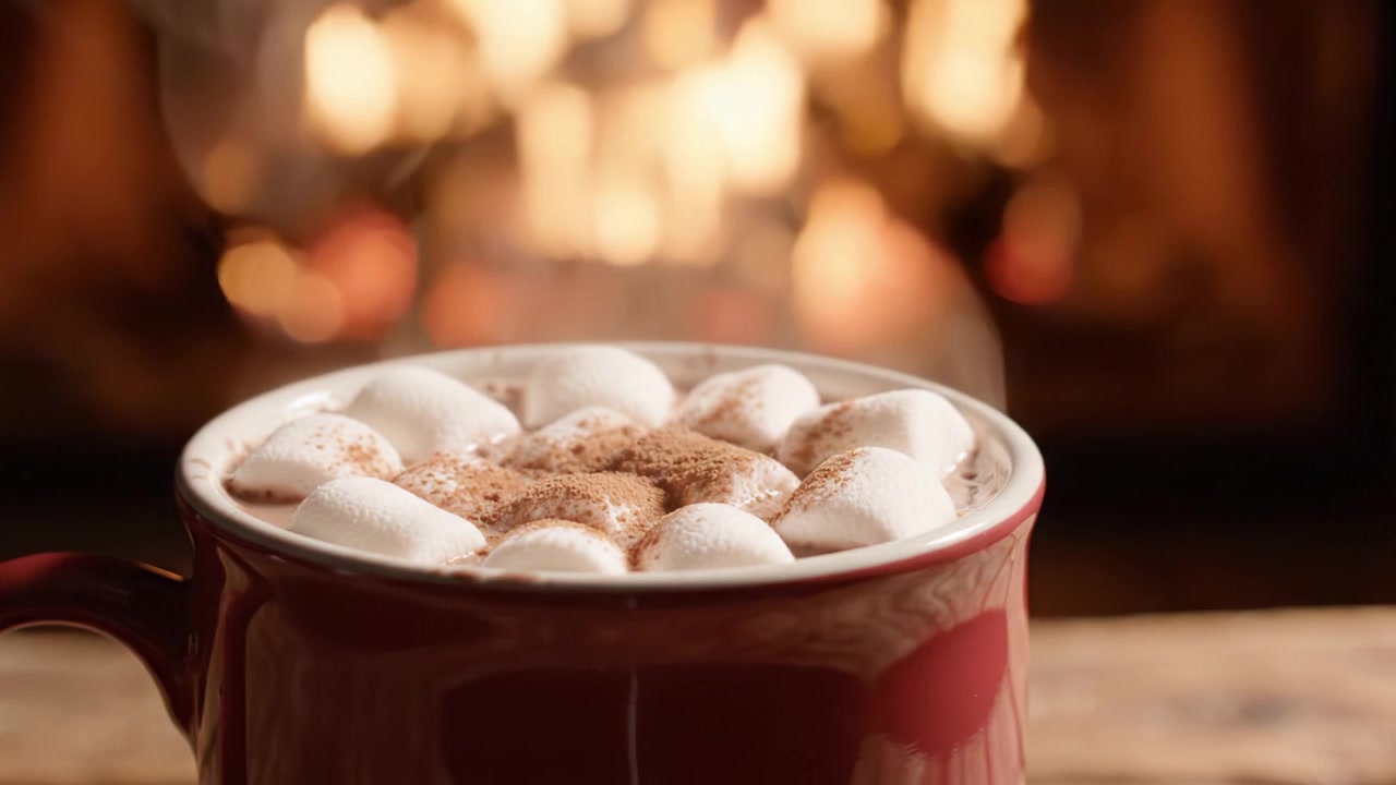 Una tazza accogliente di cioccolata calda con marshmallow, perfettamente fumante accanto a un caldo caminetto, che evoca comfort e gioia in una serata fredda.