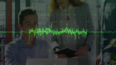 Animation-of-graphs-with-changing-numbers-over-diverse-coworkers-discussing-reports-on-laptop