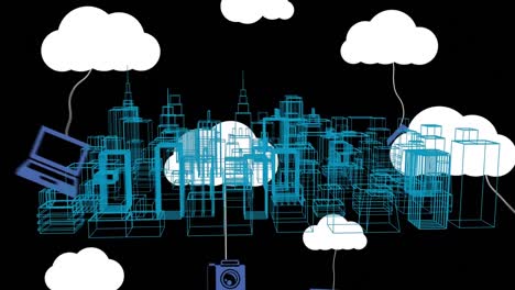 animación de nubes digitales e iconos sobre dibujo 3d de paisaje urbano sobre fondo negro