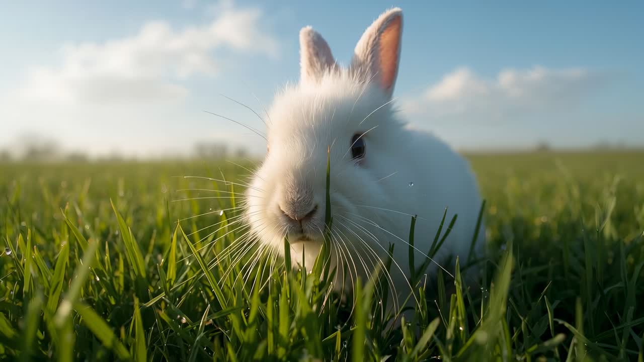 Ein knabberndes, kleines, weißes Kaninchen frisst, nachdem es feuchtes Gras auf der Wiese entdeckt hat, die Ohren bewegend