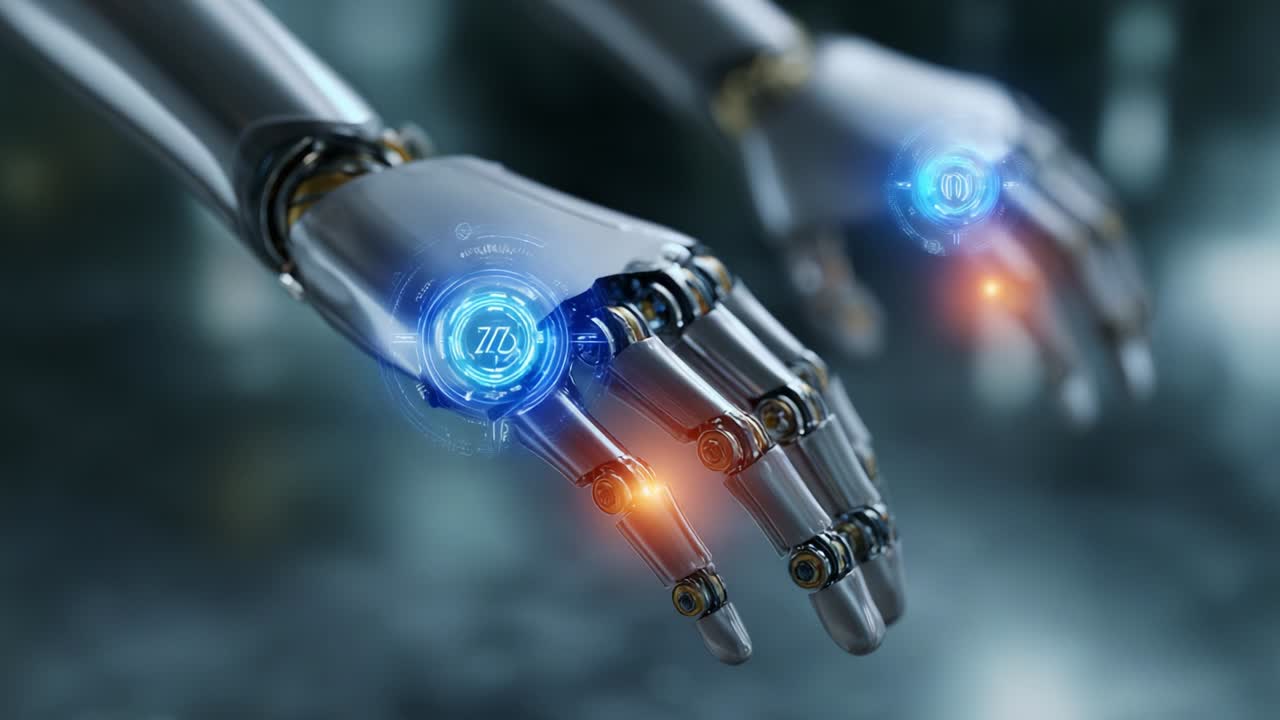 A Stunning Visual Representation of Futuristic Robotic Hands Demonstrating Advanced Technology and Interactivity with Digital Displays and Sleek Metallic Design, Highlighting Modern Innovations in Robotics and AI
