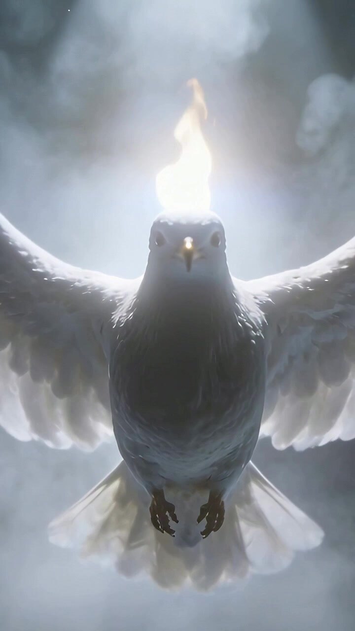 Vertical video: Hovering white dove facing camera in misty cloud, as flame growing atop head