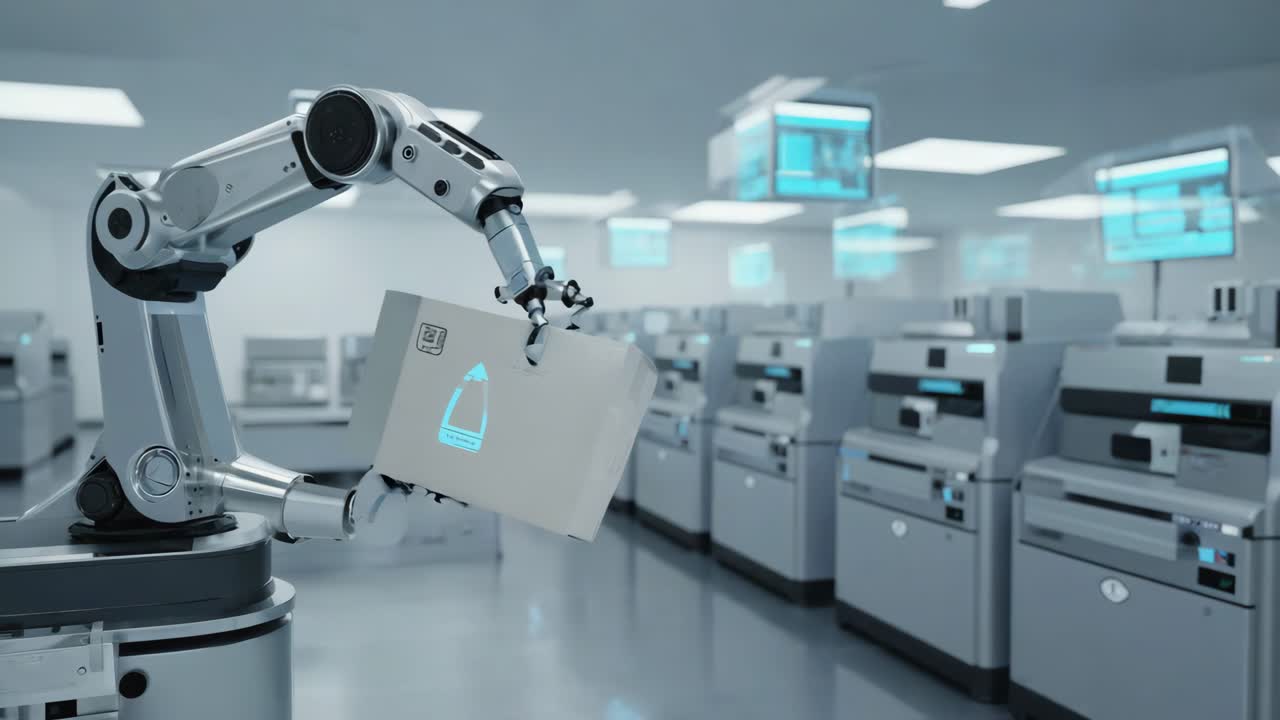 Robotic Arm Handling Packages in Automated Factory