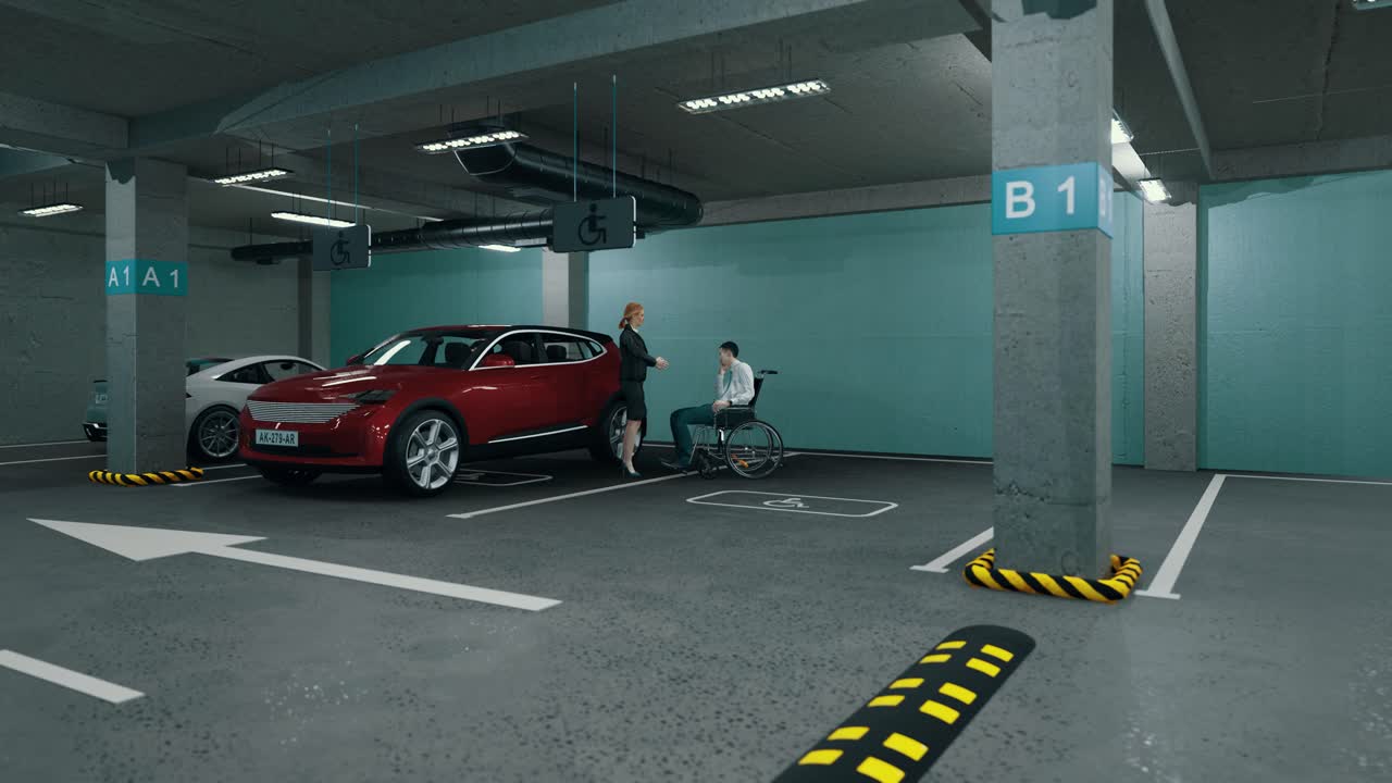 Underground parking with cars. Modern underground parking. Indoor full modern parking. Underground Parking Garage Scene