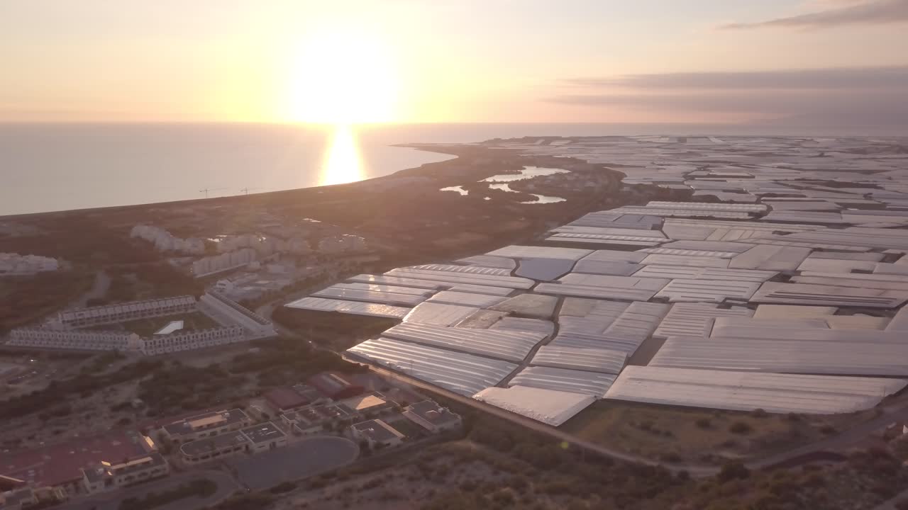 Aerial view of greenhouse farms at sunset