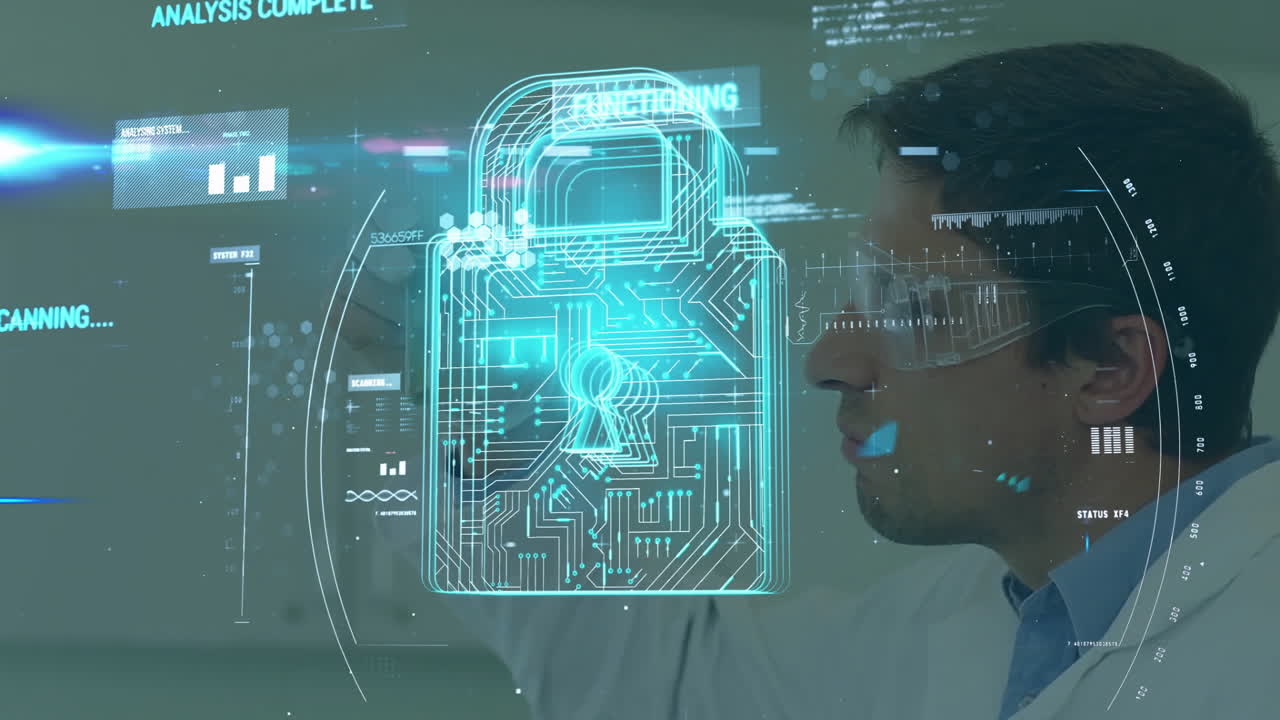 Engineer wearing lab coat raising hand in cybersecurity lab, interacting with holographic padlock