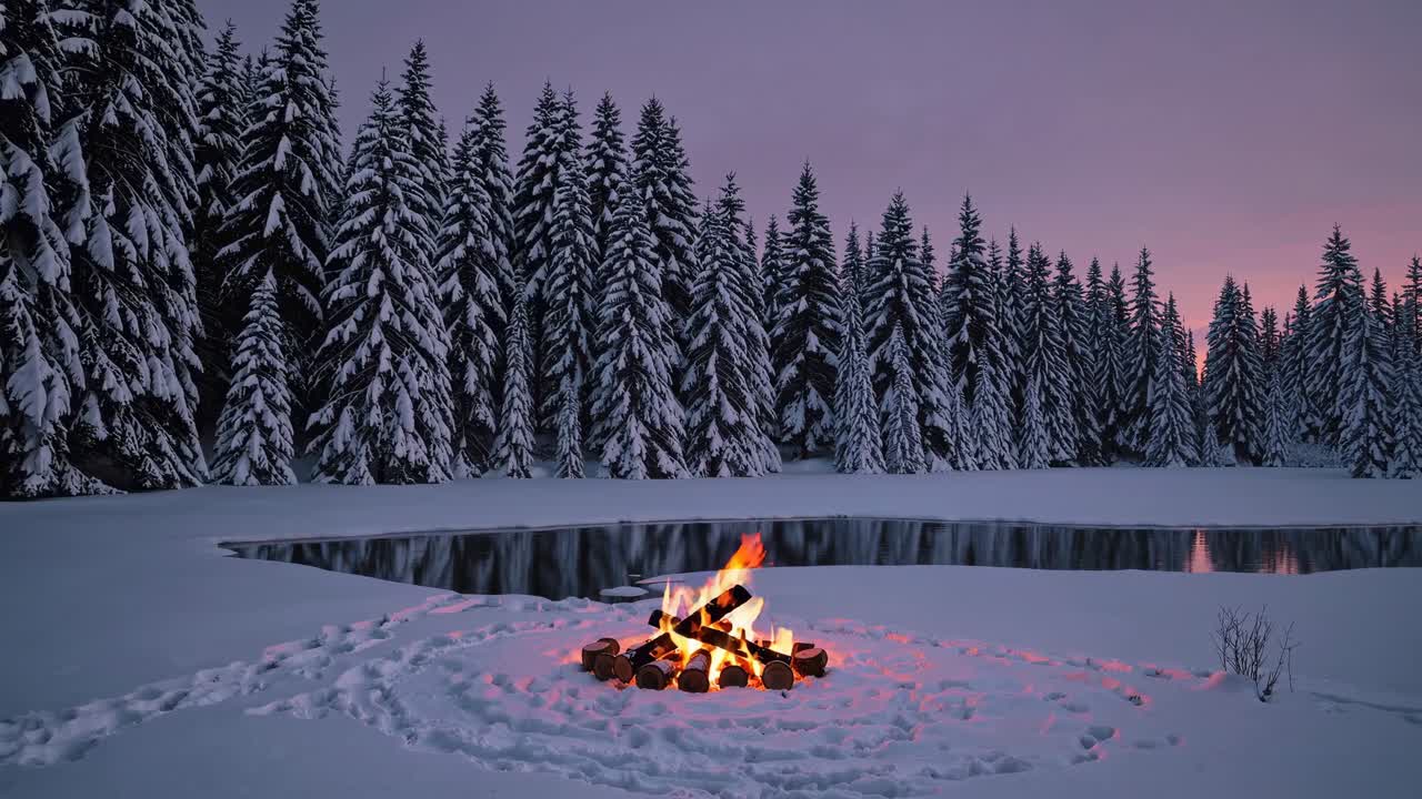A serene winter scene video with a low-angle view of a campfire surrounded by snow, set