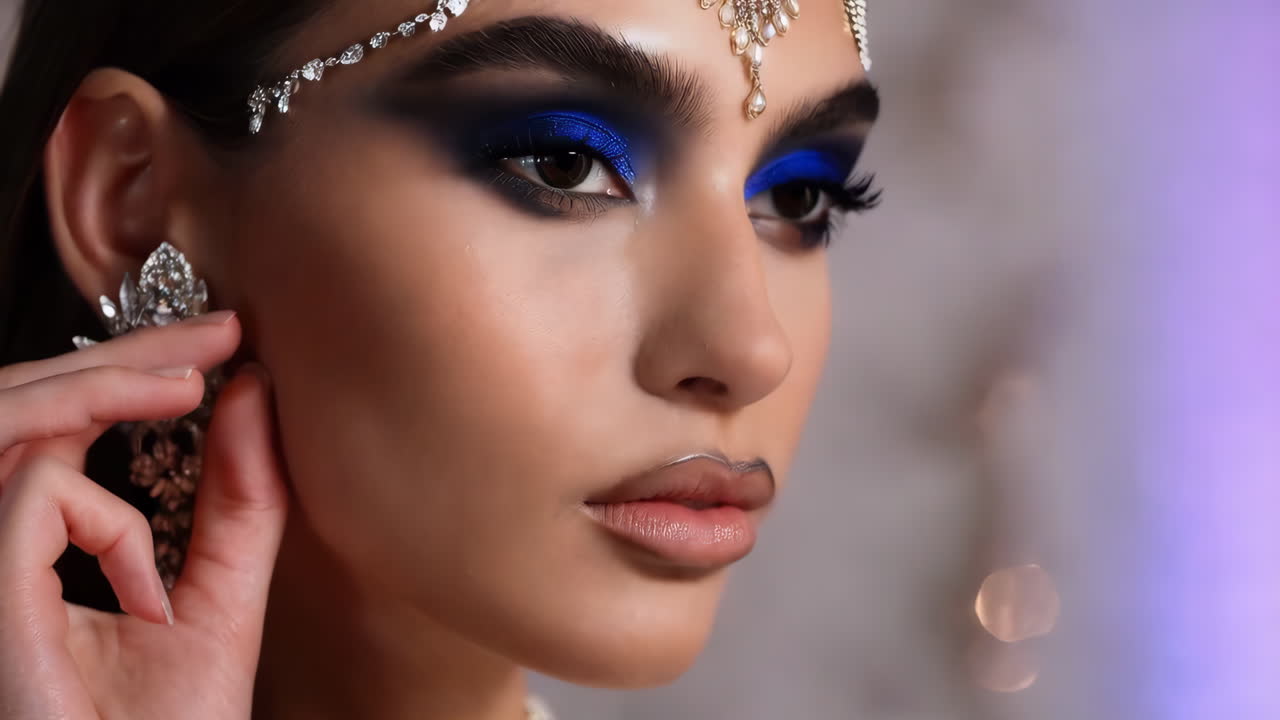Woman with dramatic blue eyeshadow and ornate jewelry