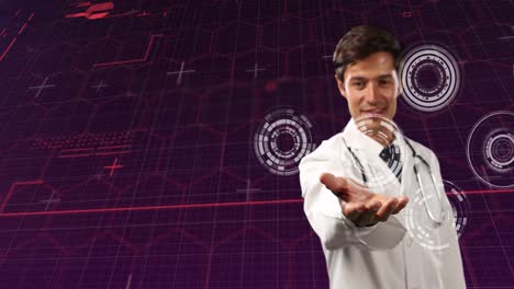 animación de un médico caucásico con círculos de procesamiento sobre un fondo púrpura con hexágonos.