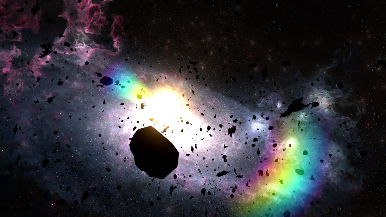 A vibrant galaxy with colorful nebulae and scattered space debris