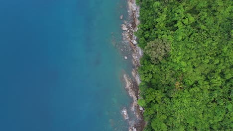 Tropical-paradise:-Stunning-vertical-drone-flight-over-a-stone-coast,-green-forests-and-blue-waters-of-Phuket-island-in-4K