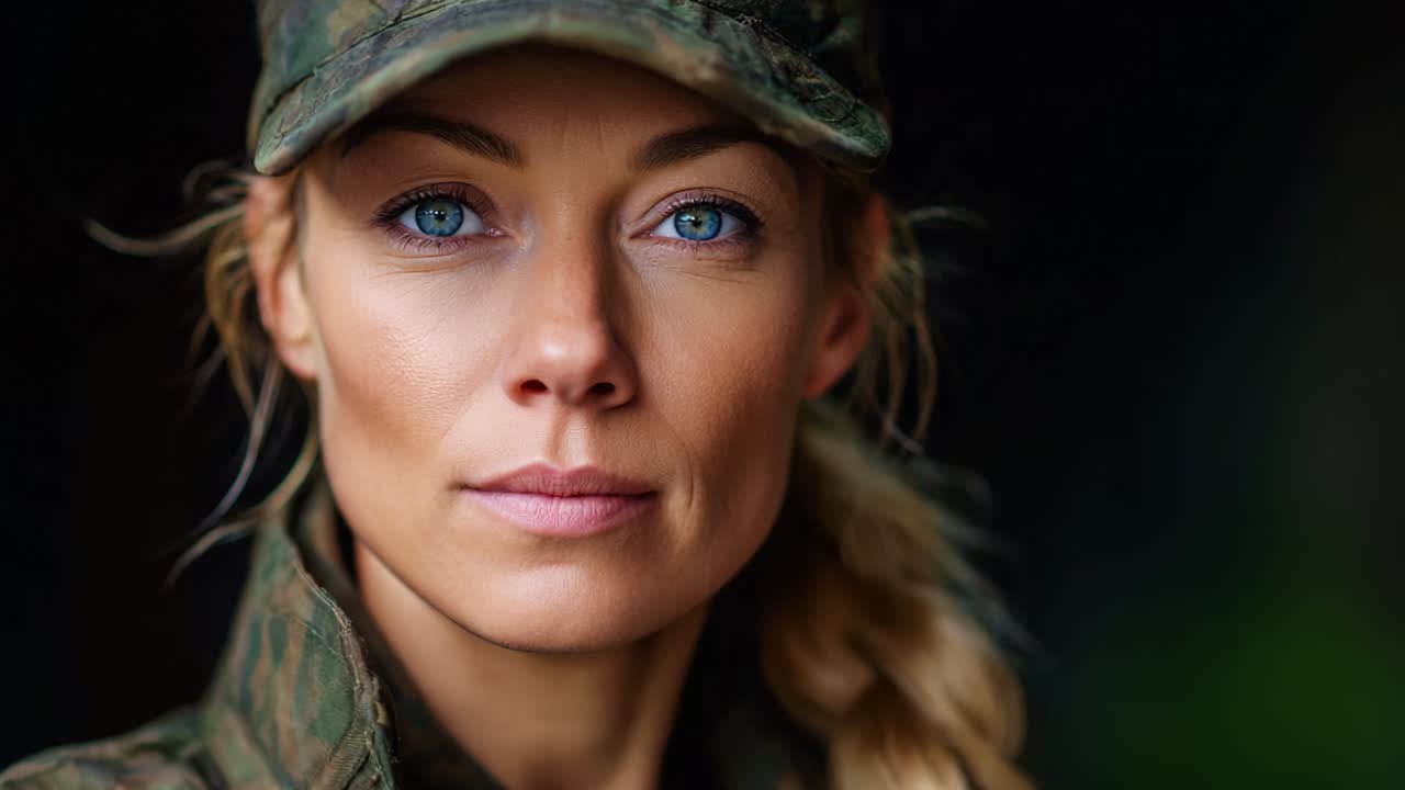 Een zelfverzekerde vrouwelijke soldaat met opvallende blauwe ogen en een warme glimlach, gekleed in camouflage, vastgelegd in twee frames, toont kracht en evenwicht in een natuurlijke omgeving, aangevuld met zachte belichting