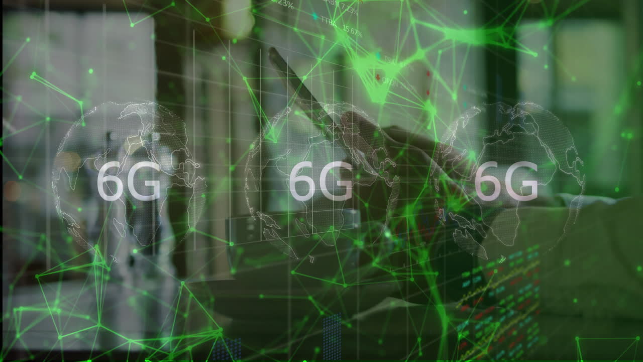 Cityscape with digital networks and world maps overlay for 6G technology animation