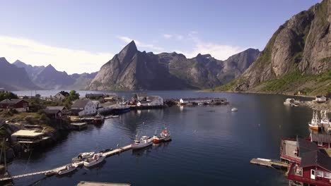 Aerial-of-a-small-harbor-in-Hamnoy,-Norway