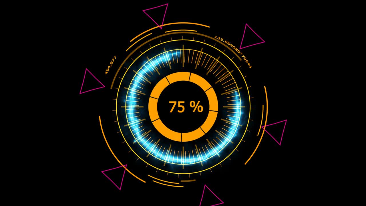 Digital meter power blue energy and neon glow pink triangle magic sign elements on black screen